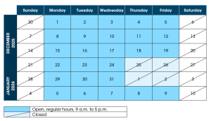 Opening hours Holidays 2025-2026 QCF
